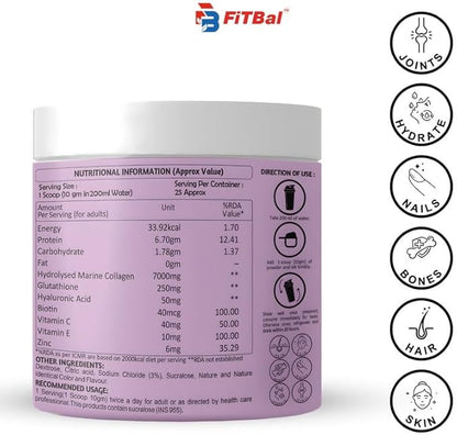 Marine Hydrolysed Collagen & Glutathione Powder – 7g Collagen per Serving with Biotin, Vitamin C & E for Improve Skin Health
