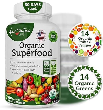 Organic Superfood Greens Fruits and Veggies Complex - Dietary Supplement with 14 Greens and 14 Fruits & Vegetables with Alfalfa Rich in Antioxidant Organic Ingredients Non-GMO 60 Capsules