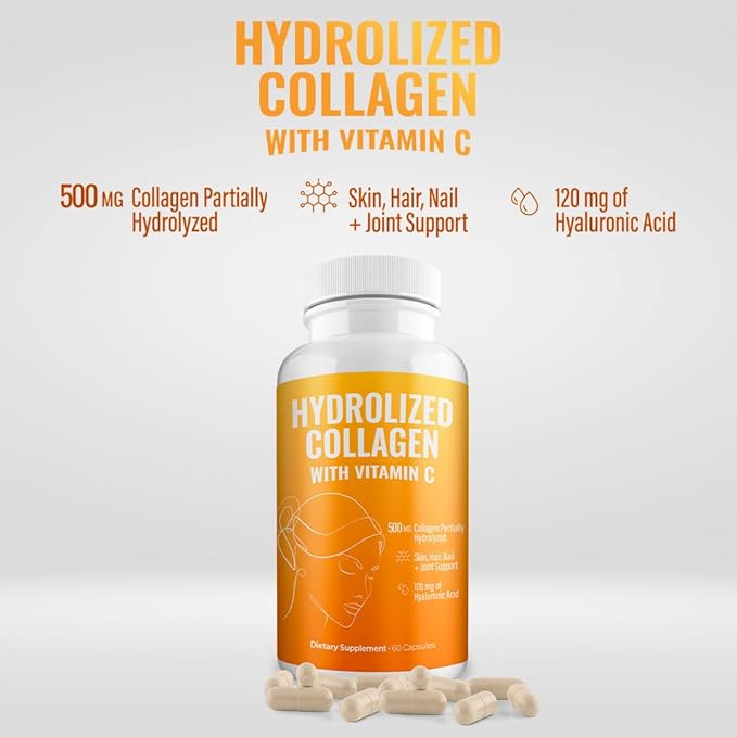 Aura Vitamin Hydrolyzed Collagen with Vitamin C Capsules 500mg Great Energy | Skin, Hair and Nail Support | Hyaluronic Acid Pills - 60ct (2)