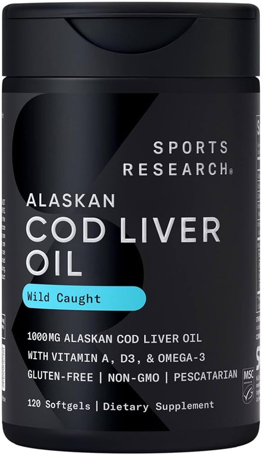 Sports Research® Omega-3 Wild Alaskan Cod Liver Oil 1000mg with Vitamins A (1000 IU) & D3 (400 IU) - Burpless, Bovine Free, Non-GMO, & MSC Certified Sustainable - 120 Softgels