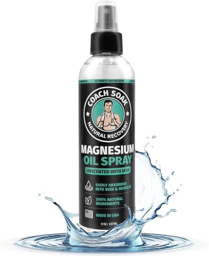 Coach Soak Magnesium Body Spray with MSM, Unscented, Extra Strength Magnesium Chloride, Pure Topical Magnesium Oil Spray for Feet & Body, Made in USA