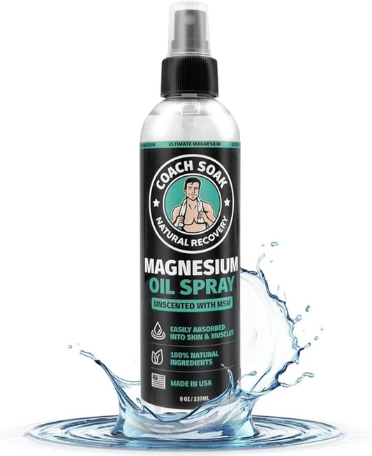 Coach Soak Magnesium Body Spray with MSM, Unscented, Extra Strength Magnesium Chloride, Pure Topical Magnesium Oil Spray for Feet & Body, Made in USA
