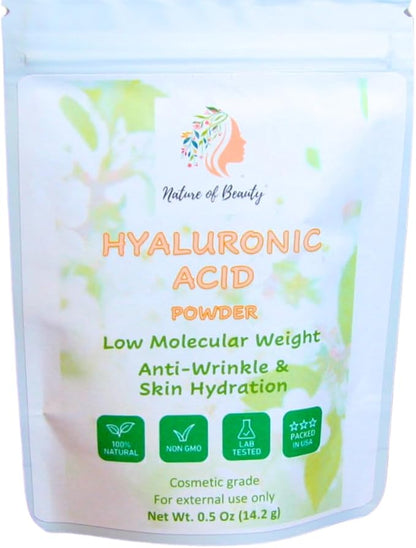 Anti-Wrinkle Hyaluronic Acid Powder Low Molecular Weight (LMW, <15 kDA) Cosmetic Grade Hyaluronic Powder, For Serum or Lotion For Face and Skin, 100% Natural, USA Made, 0.5 Oz (14.2g)
