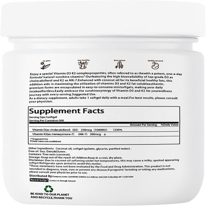 Vitamin D3 10000 IU with 200 mcg MK7 Vitamin K2, Immune & Joint Health Gluten Free, GMO-Free, Dairy Free, 300 Gels (1)