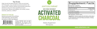 Antler Farms - 100% Pure Coconut Activated Charcoal, 180 Capsules 260mg - Wild Harvested, Virgin Coconut Shell, USP Food Grade, Steam Activated, Ultra Fine