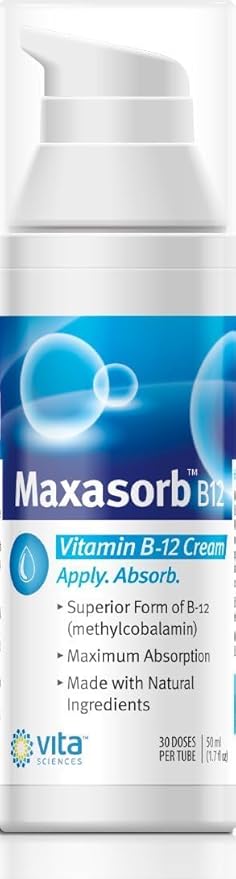 Vita Sciences Maxasorb B12 Vitamin B-12 Cream 1000 mcg: Powerful Topical Methylcobalamin for Energy, Health, and Glowing Skin - Pack of 6