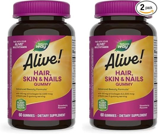 Nature's Way Alive! Hair, Skin & Nails Gummies, Advanced Beauty Formula*, with Biotin and Collagen, Strawberry Flavored, 60 Gummies (Packaging May Vary) (Pack of 2)