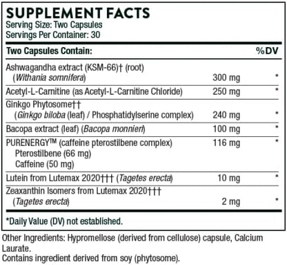 THORNE Memoractiv - Nootropic Brain Supplement for Focus, Creativity, and Concentration - Ashwagandha, Ginkgo, Lutemax, Bacopa, Pterostilbene - Gluten-Free, Dairy-Free* - 60 Capsules - 30 Servings