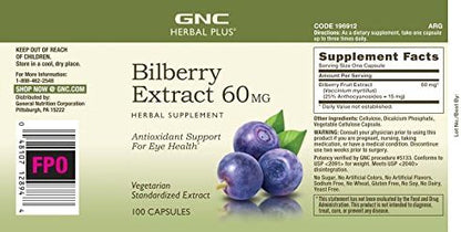 GNC Herbal Plus Bilberry Extract Supplement, Vegetarian, Supports Eye and Health, 100 Servings