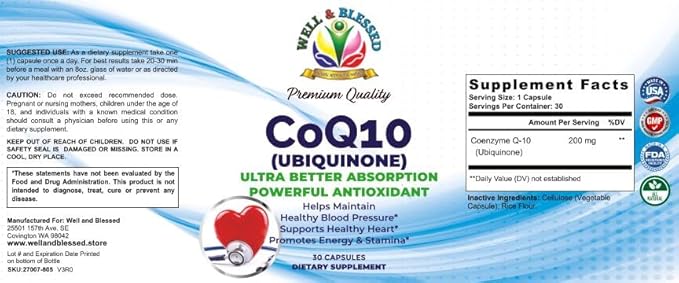 CoQ10 (Ubiquinone) - 30 Capsules - Ultra Better Absorption Formula - Promote Energy and Stamina - Vegan and Vegetarian Friendly - Free from Artificial Additives