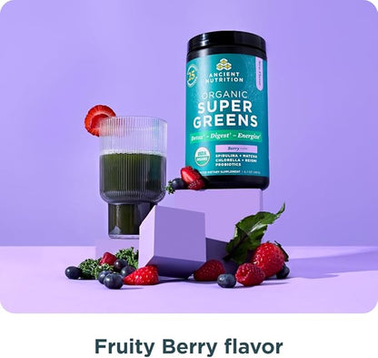 Ancient Nutrition SuperGreens Powder with Probiotics, Organic Berry Flavor Greens, Made from Real Fruits, Vegetables and Herbs, Digestive and Energy Support, 25 Servings, 6.7oz