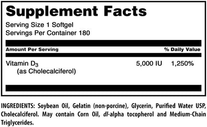 Amazing Formulas Vitamin D3 (Cholecalciferol) Supplement | 5000 IU per Serving | 180 Softgels | Non-GMO | Gluten-Free | Made in USA
