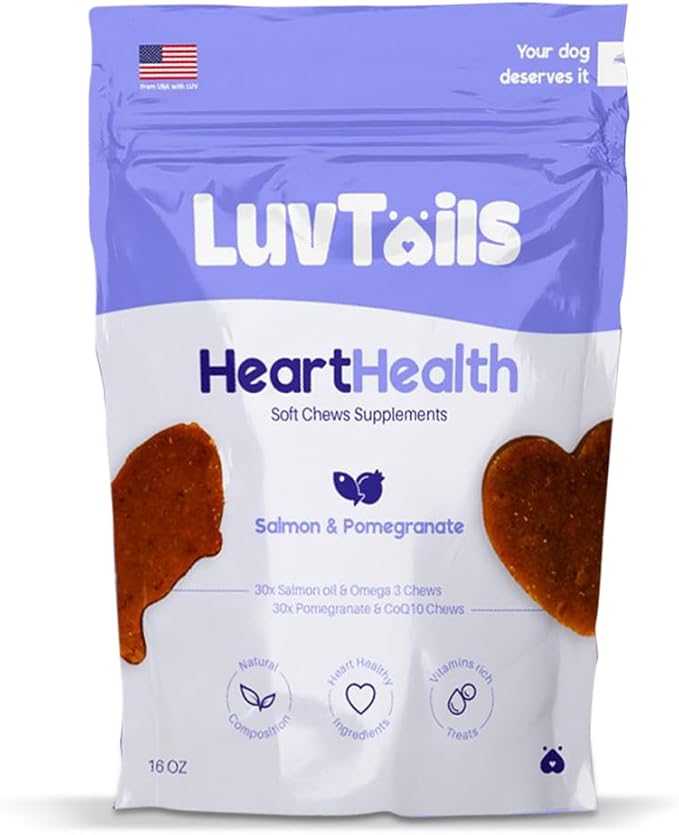 Heart Supplements for Dogs Omega 3 Chewable EPA DHA Dog Health Supplement with Salmon Oil, Pomegranate and CoQ10, 60 Chews