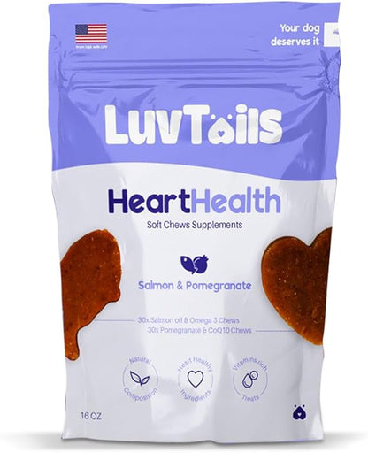 Heart Supplements for Dogs Omega 3 Chewable EPA DHA Dog Health Supplement with Salmon Oil, Pomegranate and CoQ10, 60 Chews