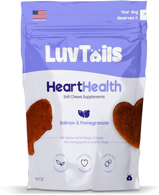Heart Supplements for Dogs Omega 3 Chewable EPA DHA Dog Health Supplement with Salmon Oil, Pomegranate and CoQ10, 60 Chews