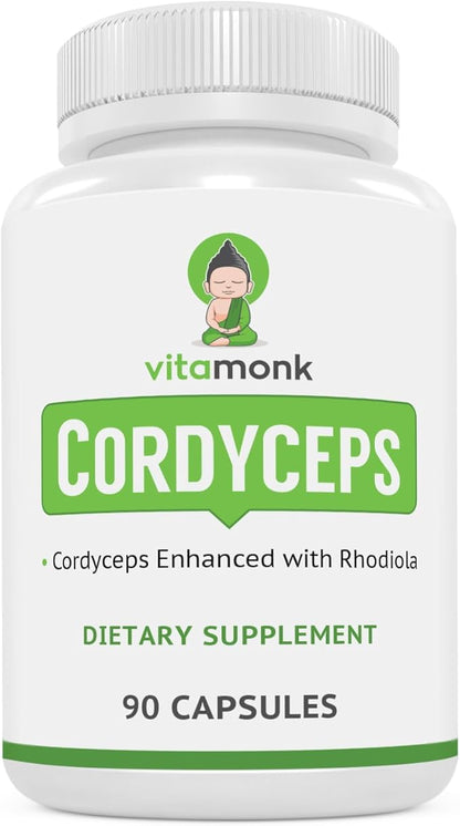 VitaMonk Cordyceps Mushroom Capsules with Rhodiola, 2 Grams of Cordyceps Mushroom Enhanced with Rhodiola - Boost Energy, Fight Stress, Enhance Performance, Non-GMO - 2000mg - 90 Caps