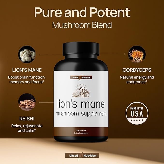 Organic Lions Mane Capsules - Lions Mane Supplement with Reishi, and Cordyceps - Immune Health & Cognitive Supplement for Adults (90 Veggie Capsules)
