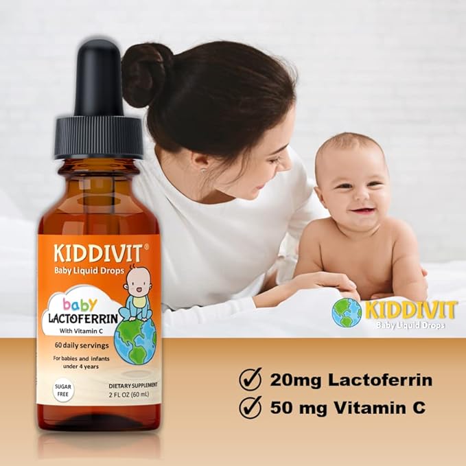 Kiddivit Baby Lactoferrin Liquid Drops - 60 Daily Servings, 2 Fl Oz (60 mL) - Inulin Fortified (Prebiotic, Dietary Fiber) - Sugar Free, Gluten Free, Vegetarian Friendly