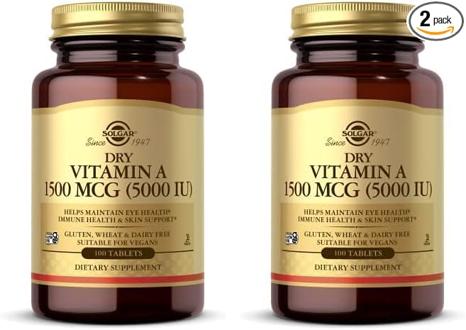 SOLGAR Dry Vitamin A 1500 mcg (5000 IU), 100 Tablets - Supports Healthy Eyes, Skin & Immune System - Non-GMO, Vegan, Gluten Free, Dairy Free, Kosher - 100 Servings (Pack of 2)