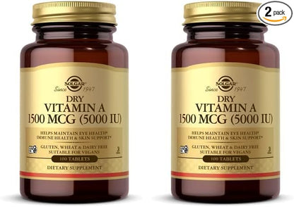 SOLGAR Dry Vitamin A 1500 mcg (5000 IU), 100 Tablets - Supports Healthy Eyes, Skin & Immune System - Non-GMO, Vegan, Gluten Free, Dairy Free, Kosher - 100 Servings (Pack of 2)