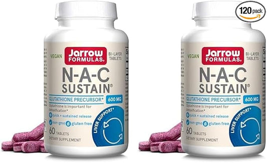 Jarrow Formulas N-A-C Sustain, Supports Liver and Lung Function, 600 Mg, 60 Sustain Tablets (Pack of 2)