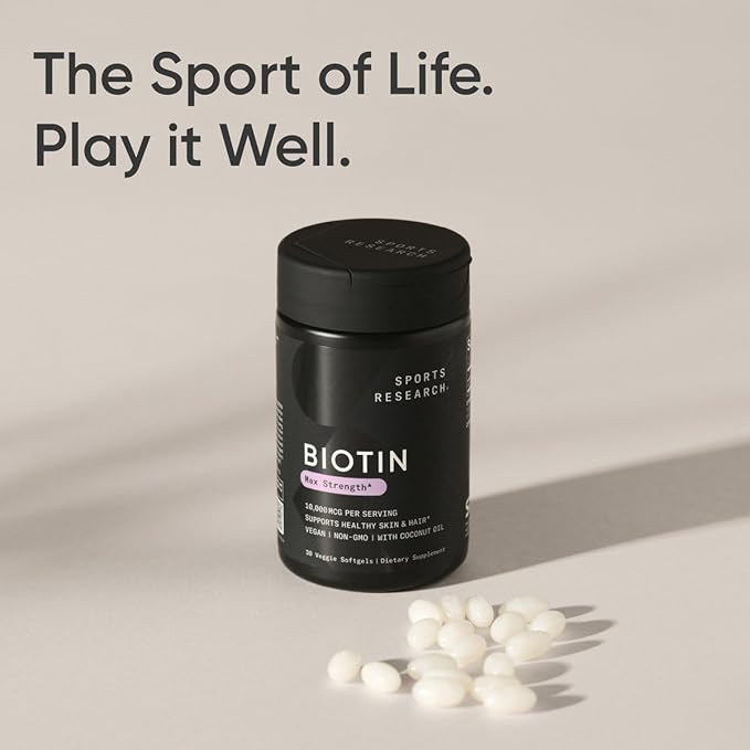 Sports Research® Biotin 10,000mcg with Organic Coconut Oil - Biotin (Vitamin B7) for Healthy Skin and Hair Support* - for Women and Men - Vegan, Non-GMO, Gluten & Soy-Free - 30 Veggie Softgels