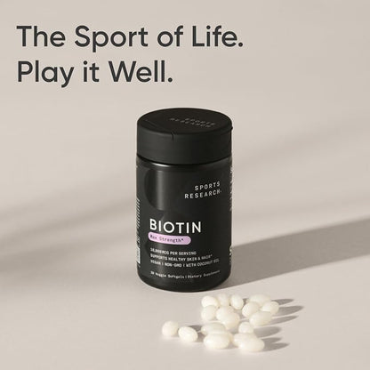 Sports Research® Biotin 10,000mcg with Organic Coconut Oil - Biotin (Vitamin B7) for Healthy Skin and Hair Support* - for Women and Men - Vegan, Non-GMO, Gluten & Soy-Free - 30 Veggie Softgels