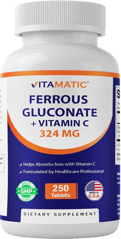 Vitamatic Ferrous Gluconate 324 mg + Vitamin C 100 mg (65 mg Elemental Iron) – High Potency Iron Supplement – Gentle on Stomach, No Artificial Colors – 250 Coated Tablets, Made in USA