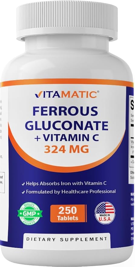 Vitamatic Ferrous Gluconate 324 mg + Vitamin C 100 mg (65 mg Elemental Iron) – High Potency Iron Supplement – Gentle on Stomach, No Artificial Colors – 250 Coated Tablets, Made in USA