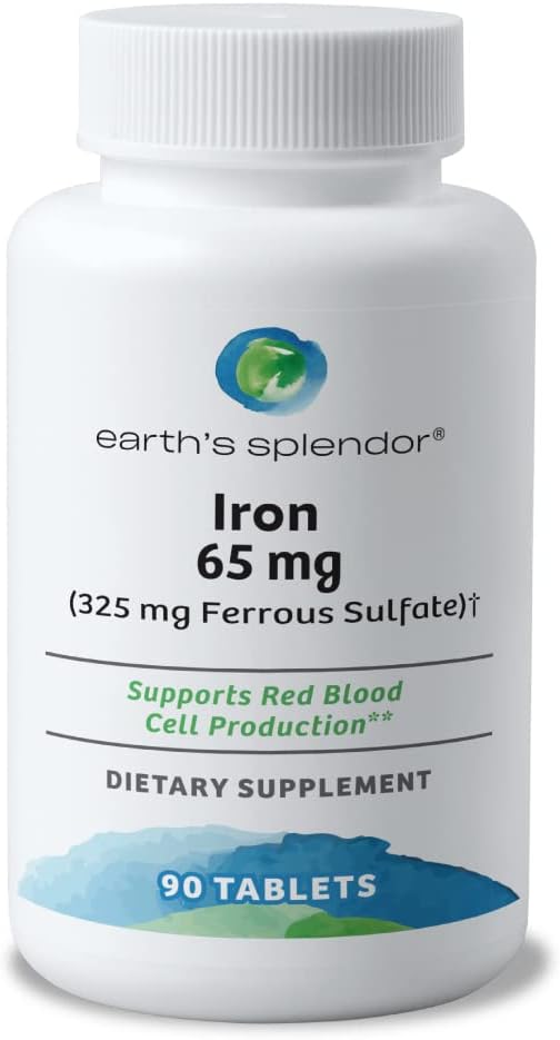 Earth's Splendor Iron 65mg USP, 325mg Ferrous Sulfate Tablets - Energy Production, Oxygen Transportation, Overall Health - 3 Month Supply