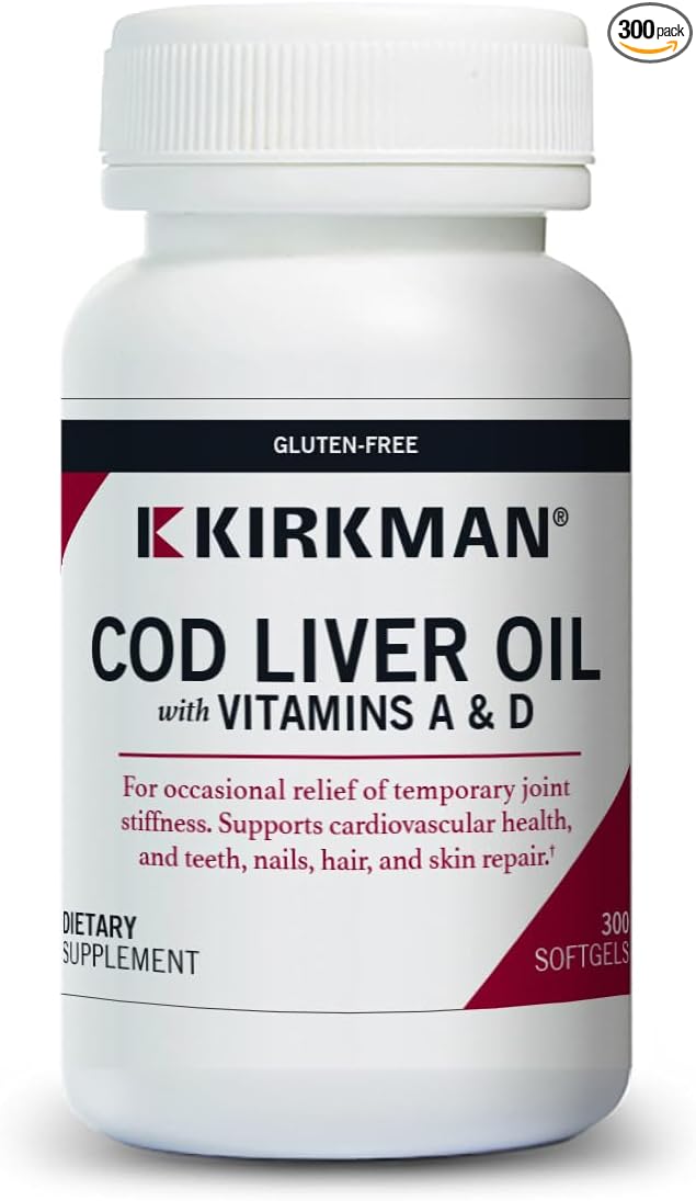 Kirkman - Cod Liver Oil with Vitamin A & D - 300 Softgels - Essential Fatty Acids - Supports Foundational Health - Hypoallergenic