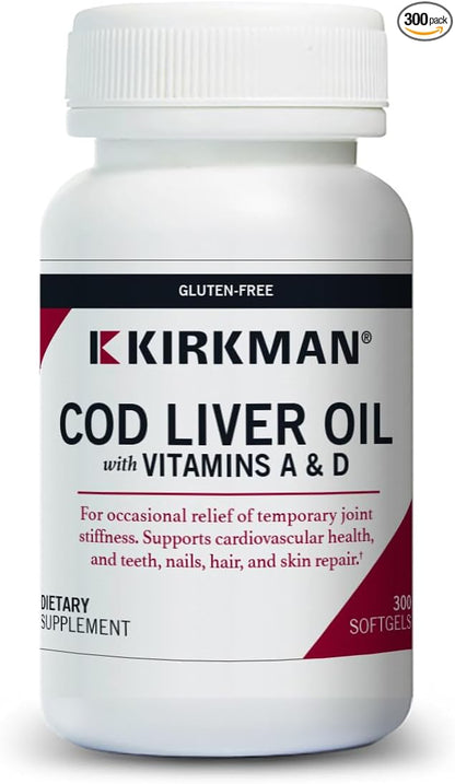 Kirkman - Cod Liver Oil with Vitamin A & D - 300 Softgels - Essential Fatty Acids - Supports Foundational Health - Hypoallergenic