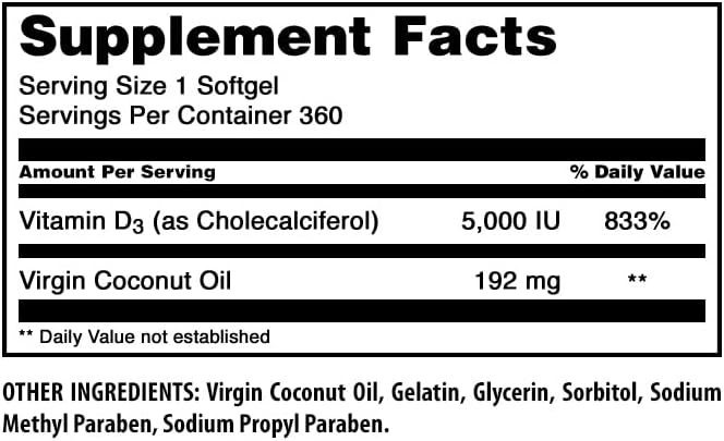 Amazing Formulas Vitamin D3 in Coconut Oil Supplement | 5000 IU | 360 Softgels | Non-GMO | Gluten-Free | Made in USA