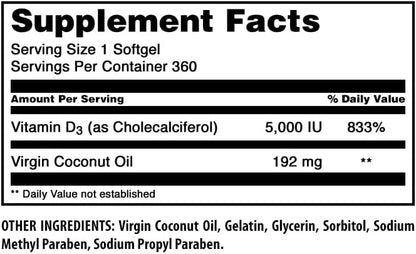 Amazing Formulas Vitamin D3 in Coconut Oil Supplement | 5000 IU | 360 Softgels | Non-GMO | Gluten-Free | Made in USA