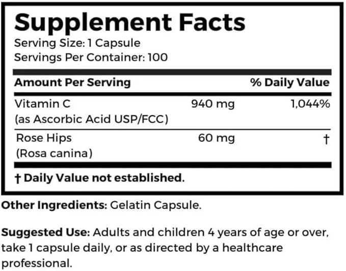 Dr. Clark Vitamin C with Rose HIPS Supplement – 1000mg, 100 Gelatin Capsules, Immune Support & Antioxidant Protection