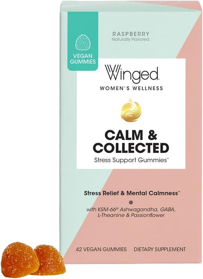Winged Wellness Calm & Collected, Stress Relief Gummies - Stress Support Supplement with KSM-66 Ashwagandha, L-Theanine, GABA & Passionflower - Vegan & Gluten-Free Gummy - Raspberry, 42 Count