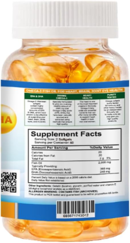Organic Vitamins súper Omega 3 Ultra Pure Fish Oil Concentrate, EPA & DHA Triple Strength, Omega 3 Fatty acids, Burpless 120 softgels
