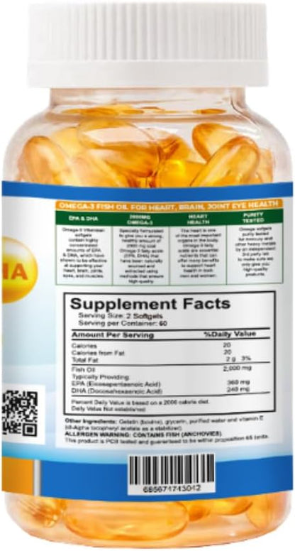 Organic Vitamins súper Omega 3 Ultra Pure Fish Oil Concentrate, EPA & DHA Triple Strength, Omega 3 Fatty acids, Burpless 120 softgels