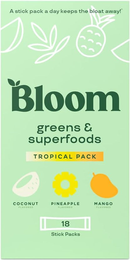 Bloom Nutrition Superfood Greens Powder Stick Packs, Digestive Enzymes with Probiotics and Prebiotics, Gut Health, Bloating Relief for Women, Chlorella, Green Juice Mix, 18 SVG, Tropical Variety