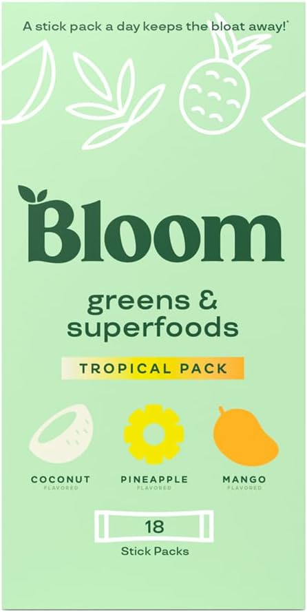 Bloom Nutrition Superfood Greens Powder Stick Packs, Digestive Enzymes with Probiotics and Prebiotics, Gut Health, Bloating Relief for Women, Chlorella, Green Juice Mix, 18 SVG, Tropical Variety