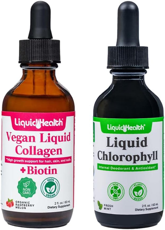 LIQUIDHEALTH Vegan Liquid Collagen Plus Biotin & Liquid Chlorophyll Droppers Bundle - Hair & Nail Growth, Skin Health, Internal Deodorizer, Stops Bad Breath, Reduces Appetite - Vegan, Non-GMO