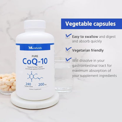 Pure CoQ-10 200 mg, 240 Vegetable Capsules. One a Day (6-Month Supply). Premium Quality