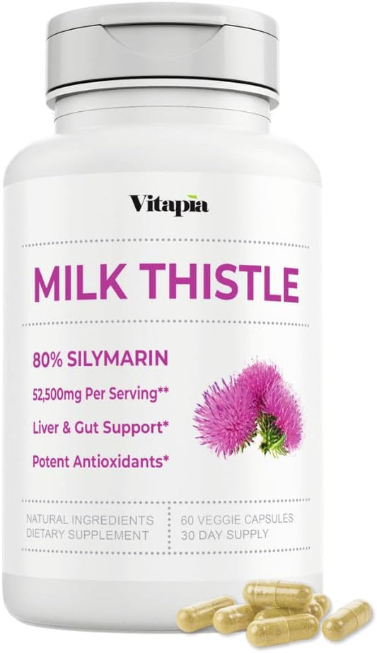 Organic Milk Thistle Supplement 70:1 Extract, 80% Silymarin, Liver Cleanse Detox & Repair, Liver Health Support, Antioxidants - 60 Vegan Capsules, Non-GMO, Gluten-Free