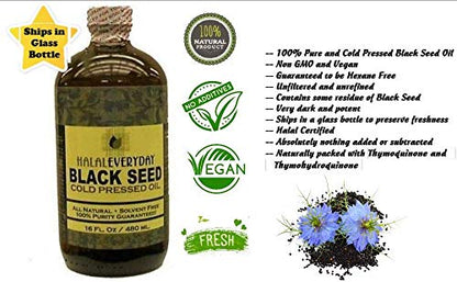 BLACK SEED OIL - 16 oz glass bottle. 100% Pure & Cold-pressed. Unfiltered, Undiluted, Raw. NON-GMO & Vegan Nigella Sativa (Black Cumin). Hexane & preservatives free. Dark & potent