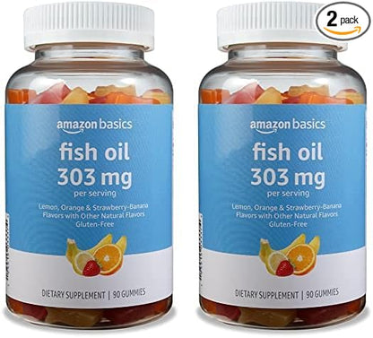 Amazon Basics Fish Oil 303 mg, Lemon, Orange & Strawberry-Banana Flavors, 90 Gummies (2 per Serving), EPA and DHA Omega-3 Fatty acids (Previously Solimo) (Pack of 2)