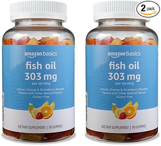 Amazon Basics Fish Oil 303 mg, Lemon, Orange & Strawberry-Banana Flavors, 90 Gummies (2 per Serving), EPA and DHA Omega-3 Fatty acids (Previously Solimo) (Pack of 2)
