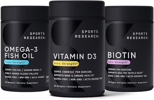 Sports Research Triple Strength Omega 3 Burpless Fish Oil 1250mg from Wild Alaska Pollock, Vitamin D3 5000 IU with Coconut MCT Oil (125mcg) and Vegan Biotin 5000mcg Vitamin B7-30 Softgels Each