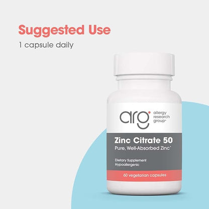 Allergy Research Group Zinc Citrate Supplement - Zinc for Men & Women, Immune Support, Pure, Well-Absorbed, Well-Tolerated, Trace Mineral, 50mg Vegetarian Capsules - 60 Count