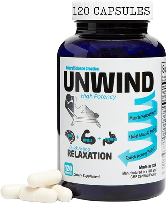 Unwind - Advanced Relaxation Supplement, Max Strength Elemental Magnesium, Lemon Balm, Primavie Shilajit, Ginger - 120 Capsules - Made in USA