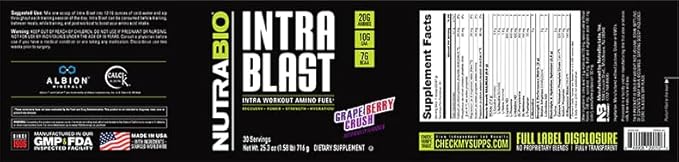 NutraBio Intra Blast Bcaa Powder Amino Acid Supplement, Electrolyte & Hydration Blend, Intra, Pre Workout & Muscle Recovery, 20g Eaa Amino Acids Powder, 5g Glutamine- Grape Berry Crush, 30 Serving
